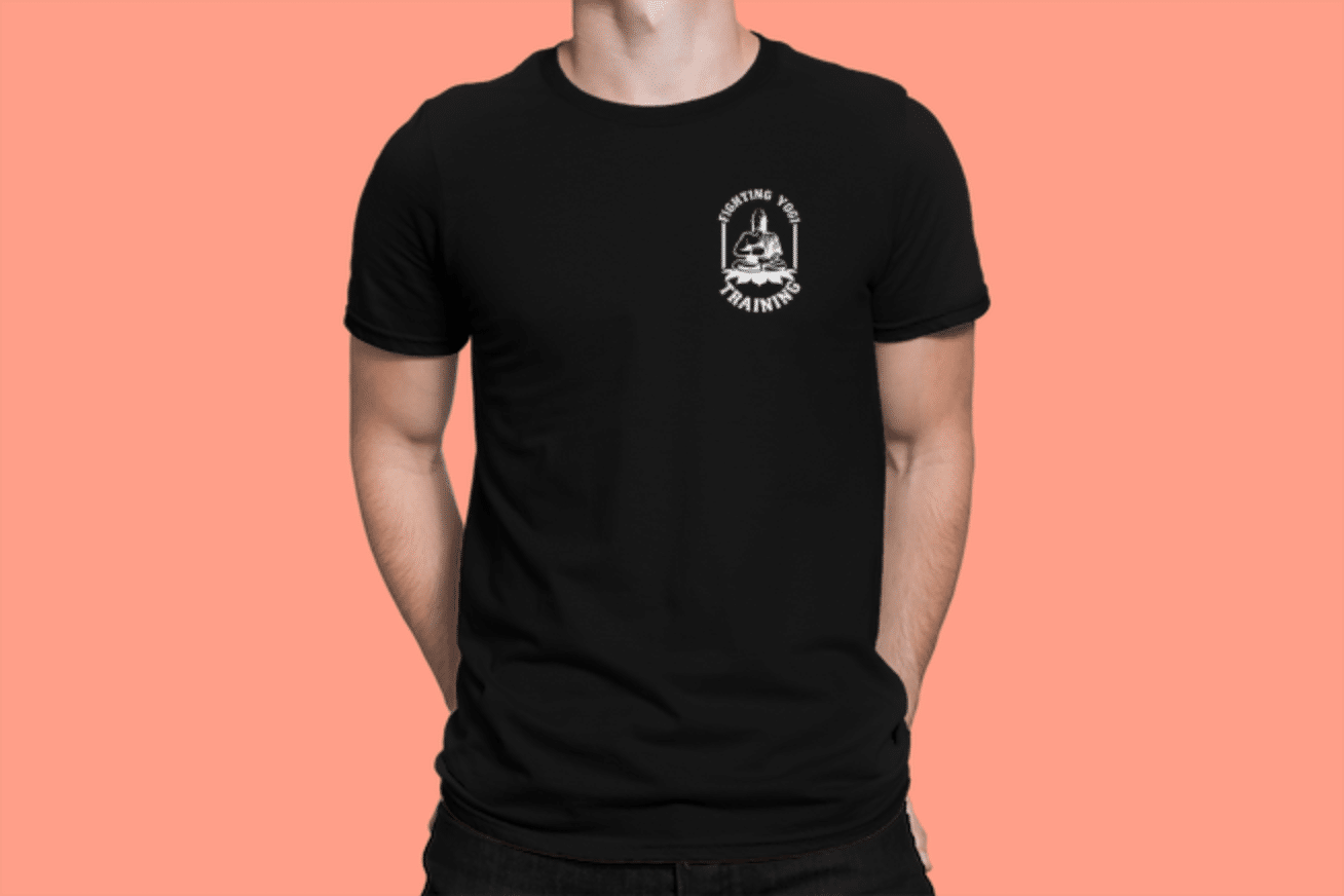 Black t-shirt with Fighting Yogi in White on it top left